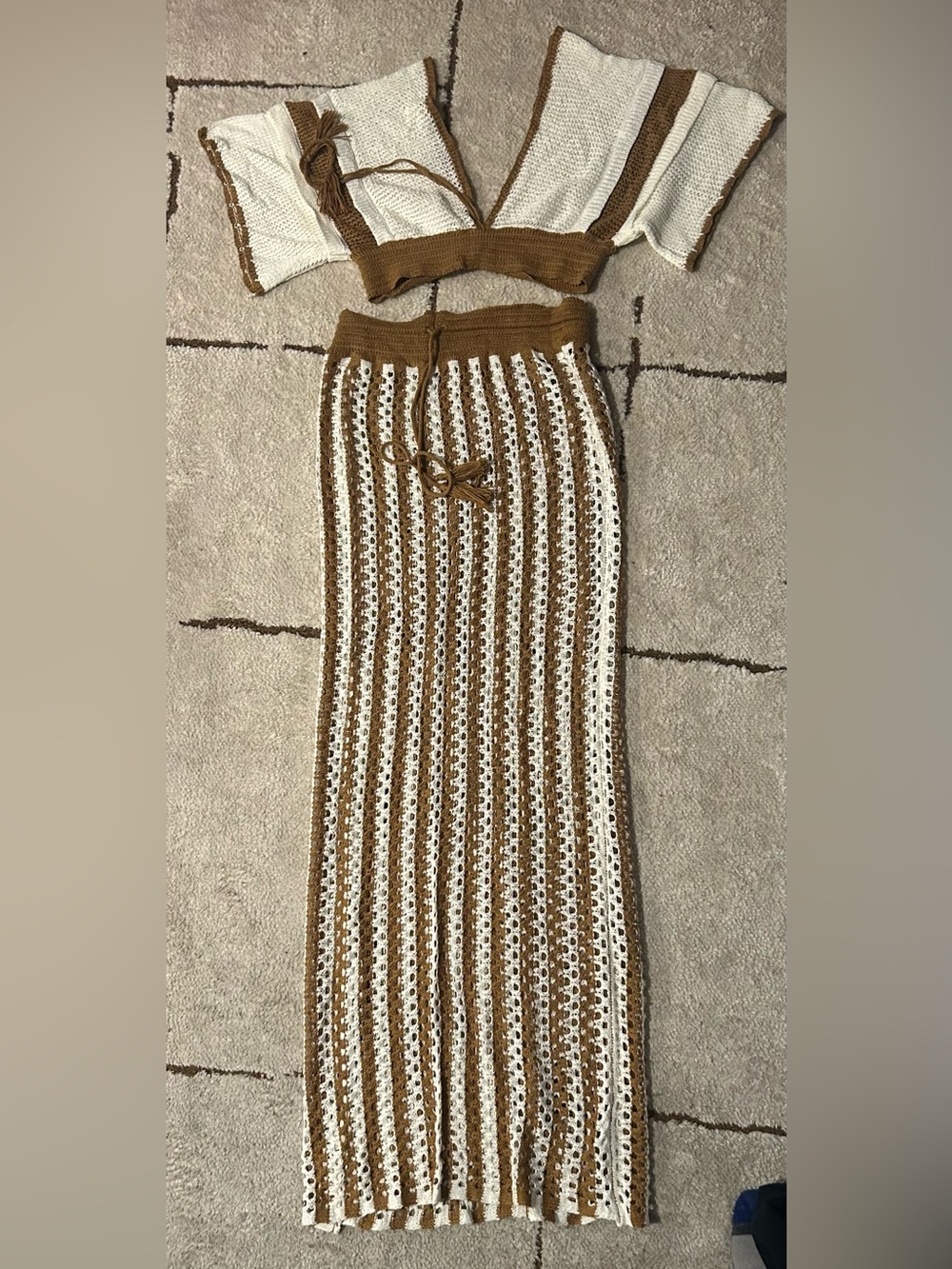 Striped Crochet Maxi Skirt set— Brown & Cream